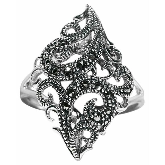 925 STERLING SILVER Swirl Marcasite Ring - Picture 1 of 16
